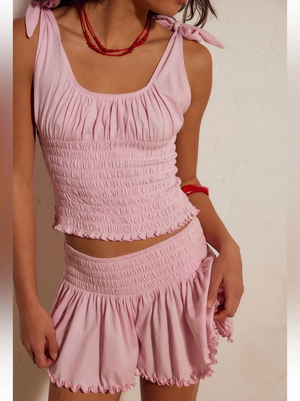 FREE PEOPLE FREE EST CUTE AND SMOCKED SHORT SET CHERRY BLOSSOM SMALL